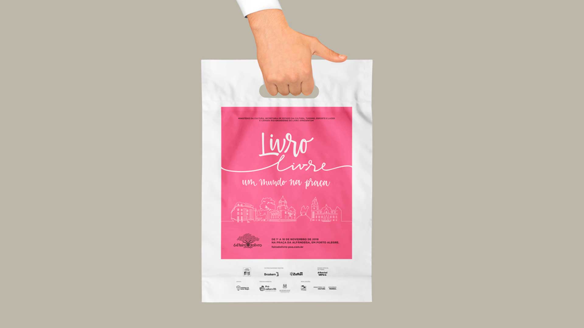 Criação de identidade visual e aplicação em materiais de papelaria, sinalização, brindes e comunicação visual para a 64ª Feira do Livro de Porto Alegre.