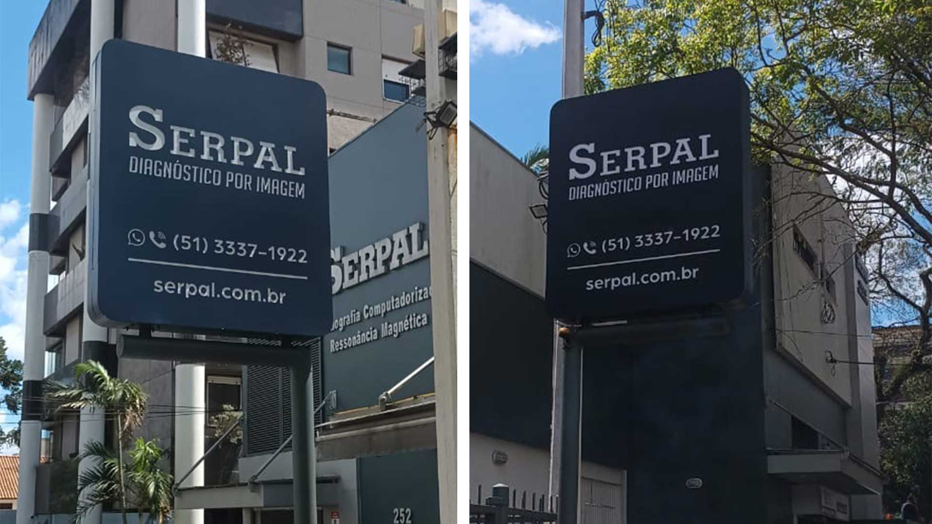 Planejamento de placa externa com letreiro luminoso para clínica Serpal – Diagnóstico por Imagem.