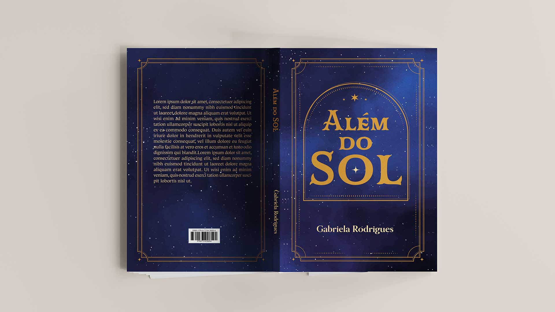 Criação de projeto gráfico, arte de capa e diagramação para o livro de ficção Além do Sol, da escritora Gabriela Rodrigues.