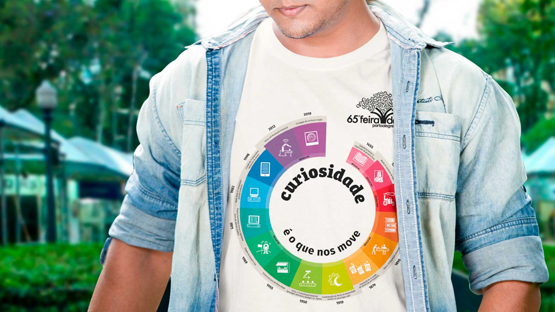 Criação de identidade visual e aplicação em materiais de papelaria, sinalização, brindes e comunicação visual para a 65ª Feira do Livro de Porto Alegre.