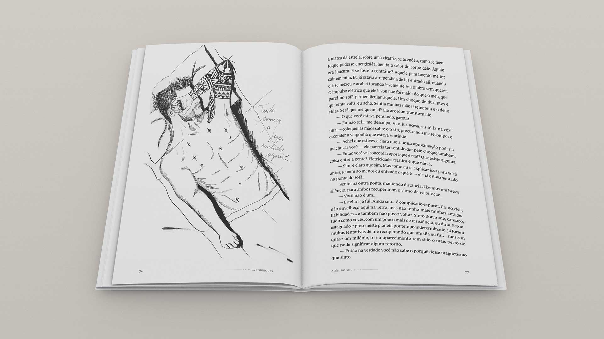Criação de projeto gráfico, arte de capa e diagramação para o livro de ficção Além do Sol, da escritora Gabriela Rodrigues.