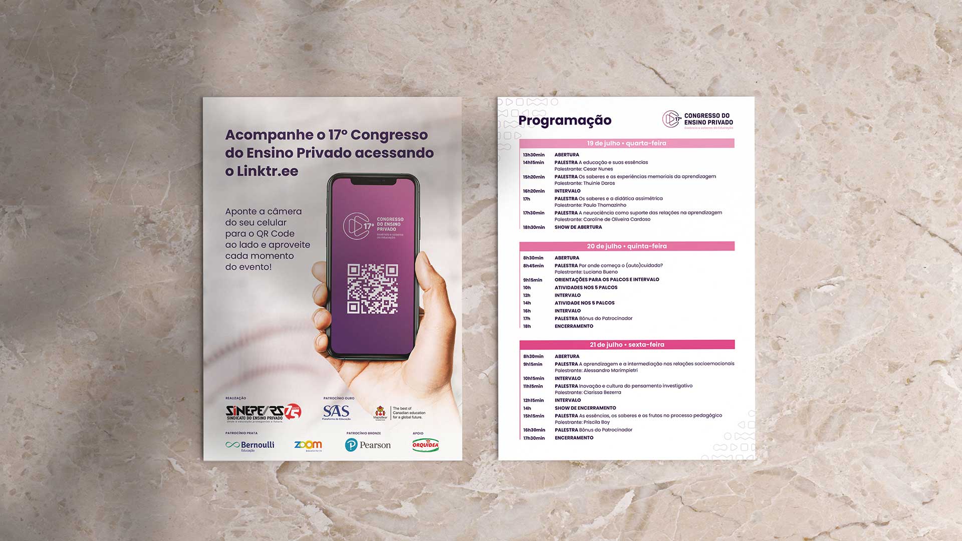 Aplicação de identidade visual do 17º Congresso do Ensino Privado do Sinepe em brindes e sinalização.