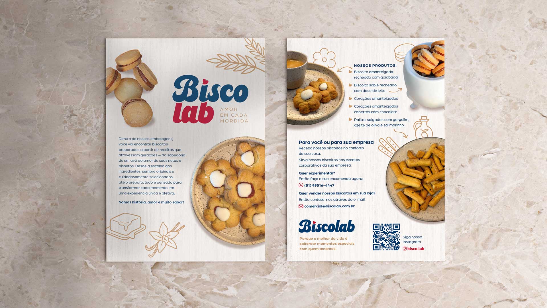 Criação de arte de flyer institucional para empresa de biscoitos artesanais Biscolab.