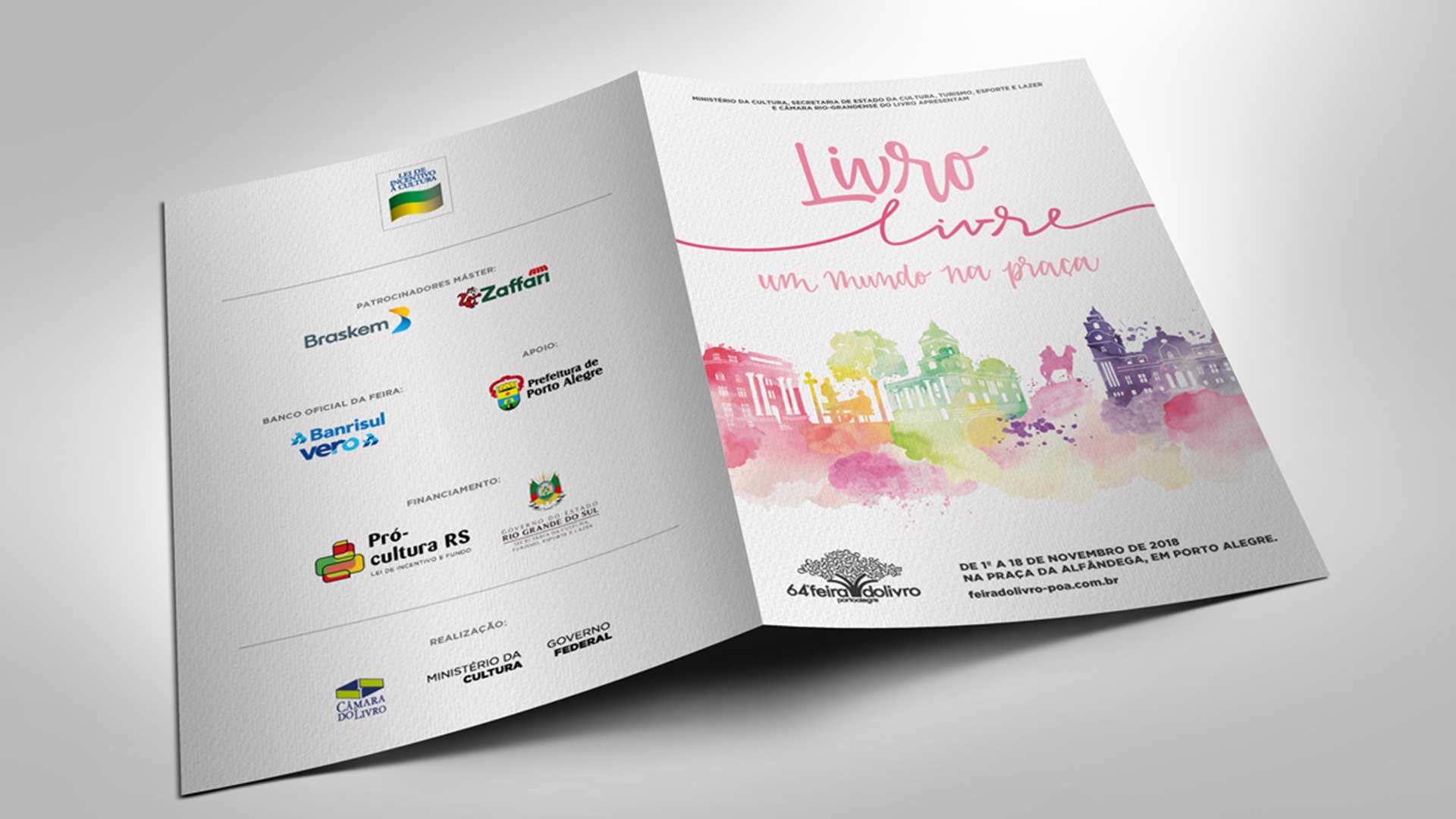 Criação de identidade visual e aplicação em materiais de papelaria, sinalização, brindes e comunicação visual para a 64ª Feira do Livro de Porto Alegre.
